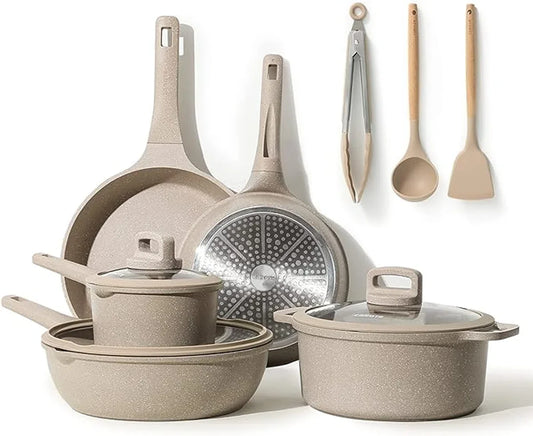 Pannenset Graniet 11-delig - PFOS-vrij - Veilig Koken - Non-stick - Vaatwasserbestendig - Koekenpannenset - Kookpotten - Pannenset - Koekenpannenset - Frying Pan Set