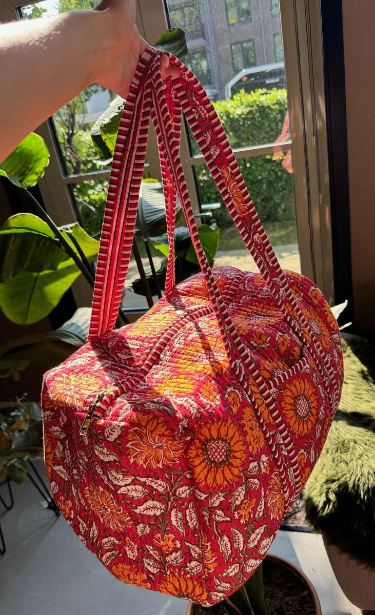Weekendtas - Schoudertas - India - Luiertas - Groot - Dufflebag - Rood Oranje bloemen