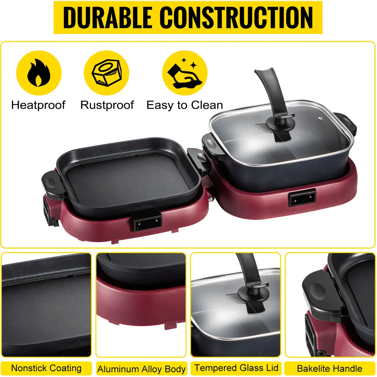 2-in-1 BBQ Grill Hete Pot 2100W Multifunctionele Elektrische Grill Hotpot 70x29x25,5 cm Grill Binnen Hotpot van Gegoten Aluminium en Gehard