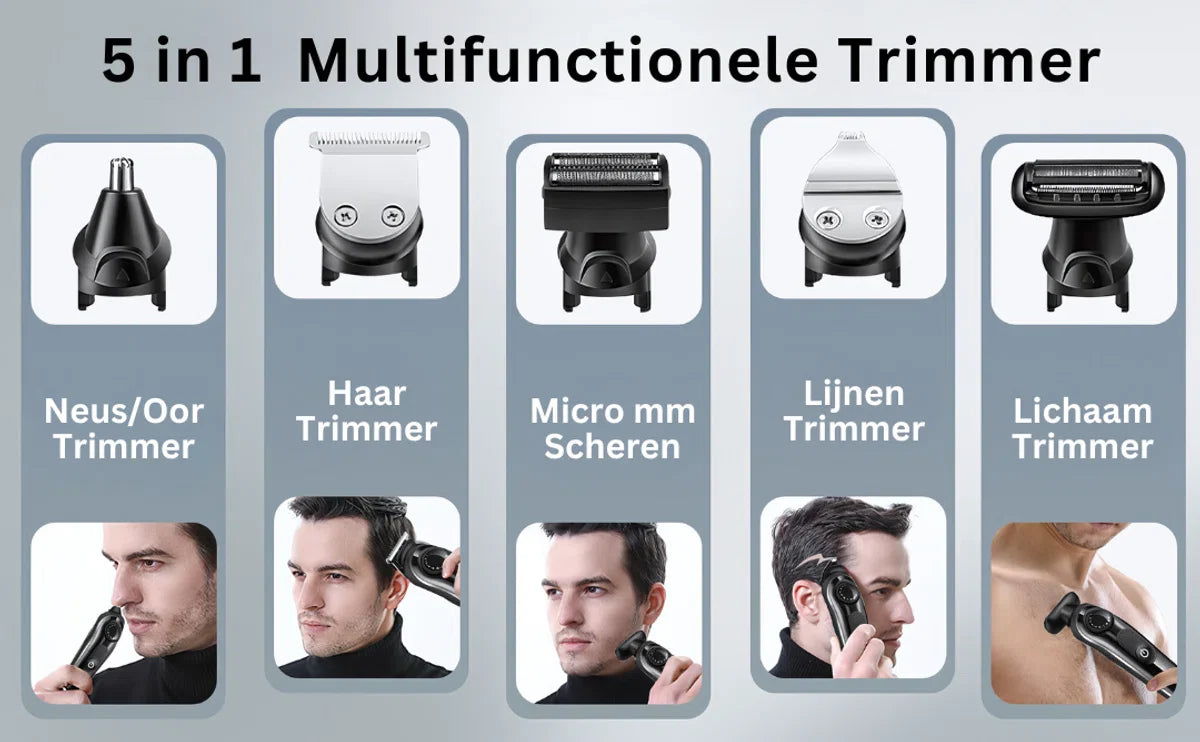LM-1832 Bodygroomer heren – Waterdicht – 5 opzetstukken - Tondeuse 5-in-1 - Draadloos gebruik - Baardtrimmer - Verstelbaar 1-10MM – Neus- en oortrimmer - Oplaadbaar scheerapparaat voor mannen