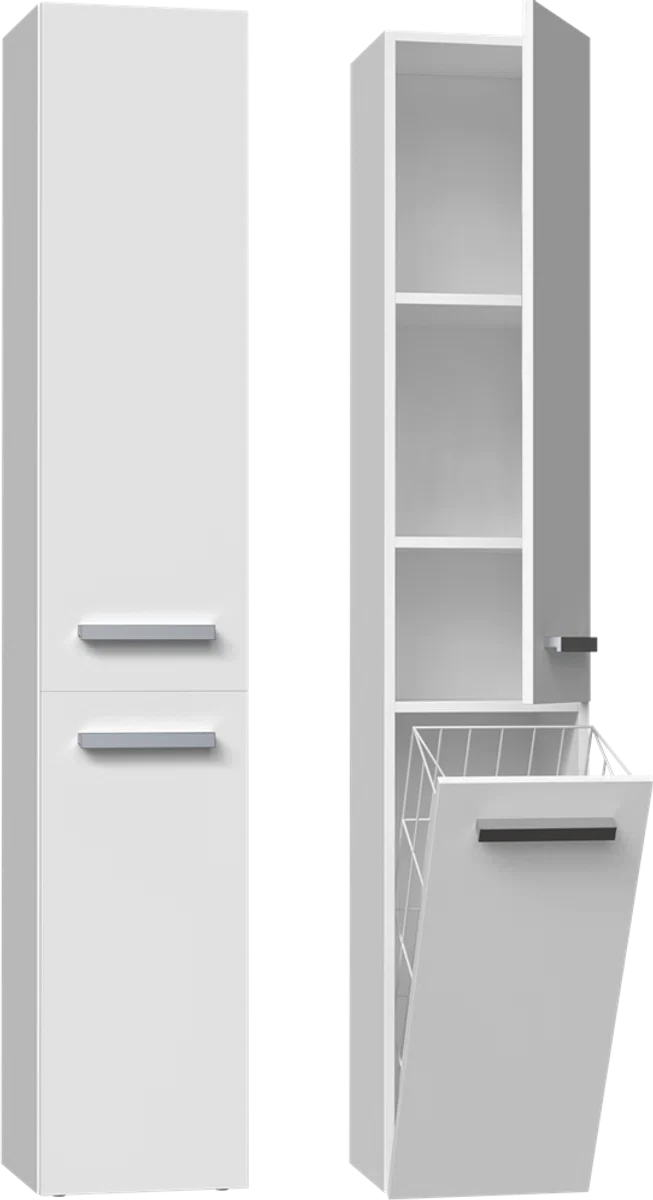 Bathroom furniture - Bathroom cabinet - Storage cabinet with laundry basket - White - Tall cabinet with laundry basket
