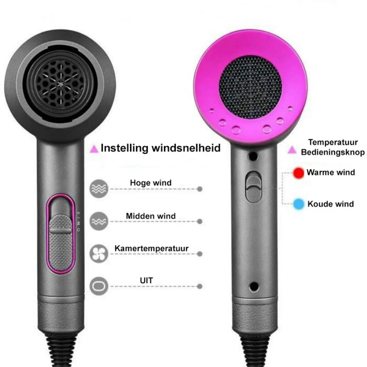Bolture Föhn met Diffuser voor Krullen - Hair Dryer - Haarfohn - Reisfohn - Kappersfohn - Haardroger - Ionisch - 3 Standen - 2000W