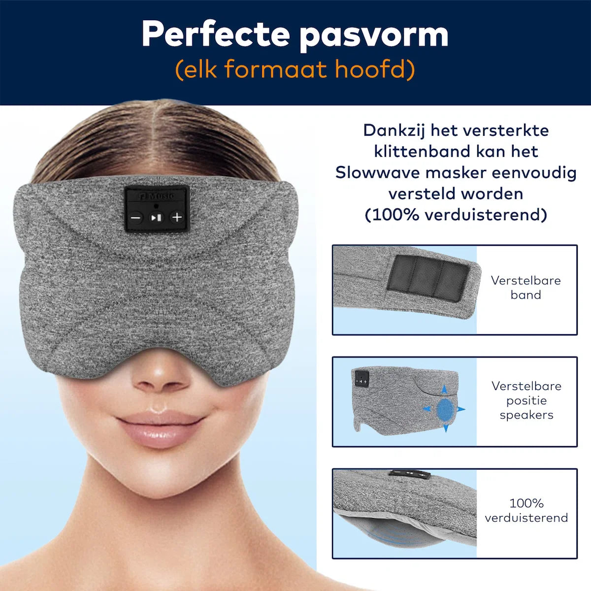 Bluetooth slaapmasker (premium) - Beste keuze - 100% verduisterend - Ultraplatte 'spons speakers' (perfect voor zijslapers) - Koel en ademend materiaal - Volledig verstelbaar - Uitstekende geluidskwaliteit - Batterij: 13 uur - Grijs