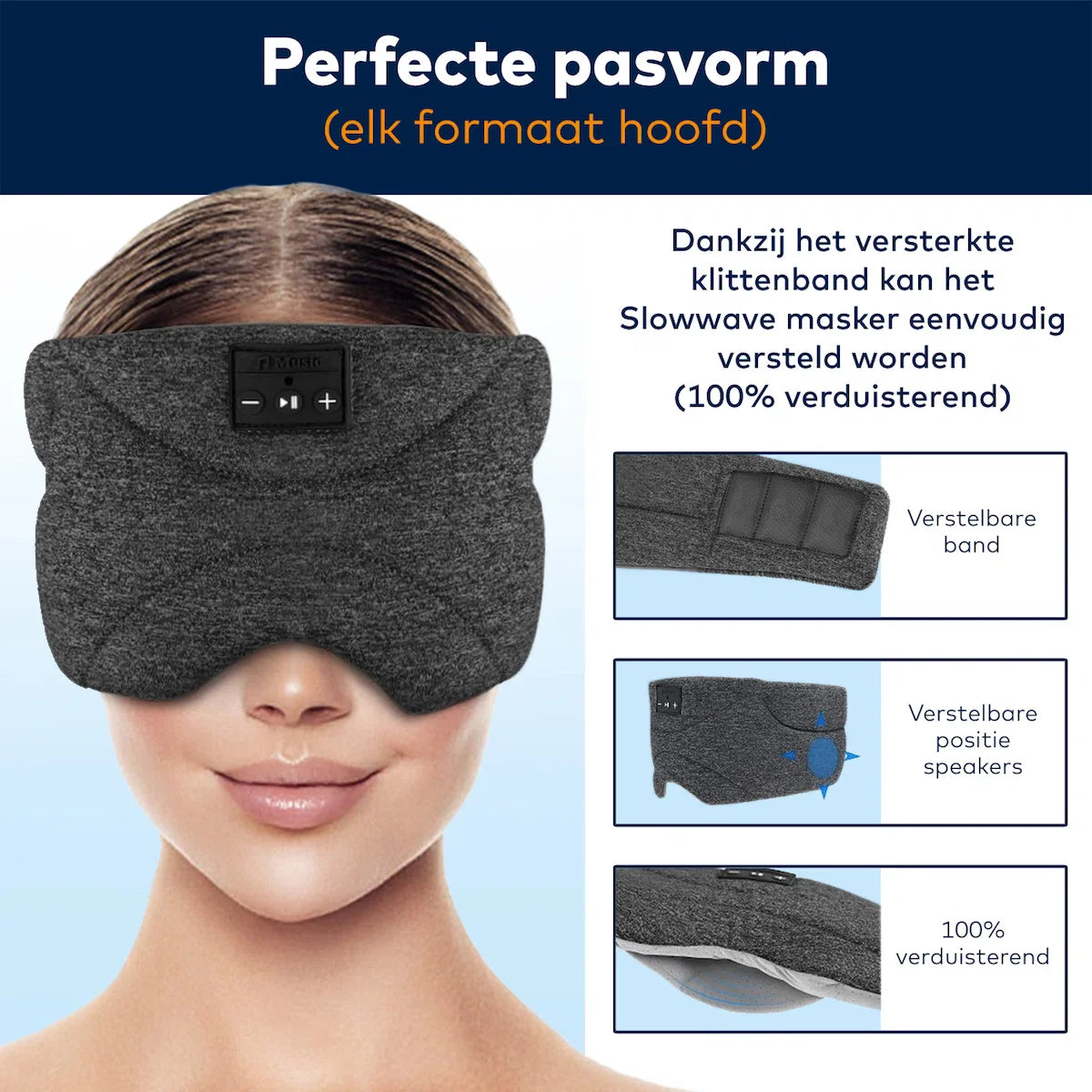 Bluetooth slaapmasker (premium) - Beste keuze - 100% verduisterend - Ultraplatte 'spons speakers' (perfect voor zijslapers) - Koel en ademend materiaal - Volledig verstelbaar - Excellente geluidskwaliteit - Batterij: 13 uur - Antraciet (limited)
