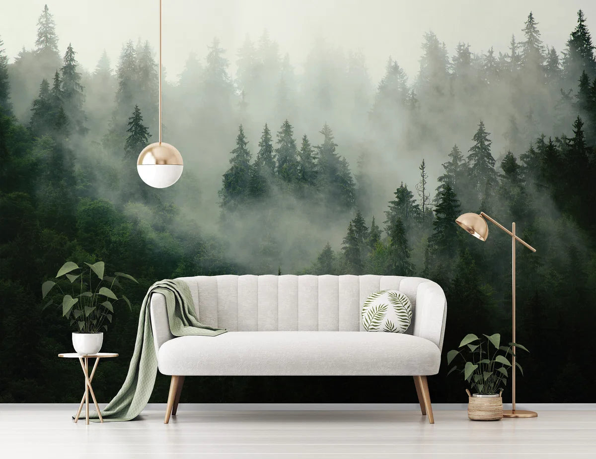 Fotobehang - Vliesbehang - Mistig Bos - Dennenbos in de Mist - 368 x 254 cm