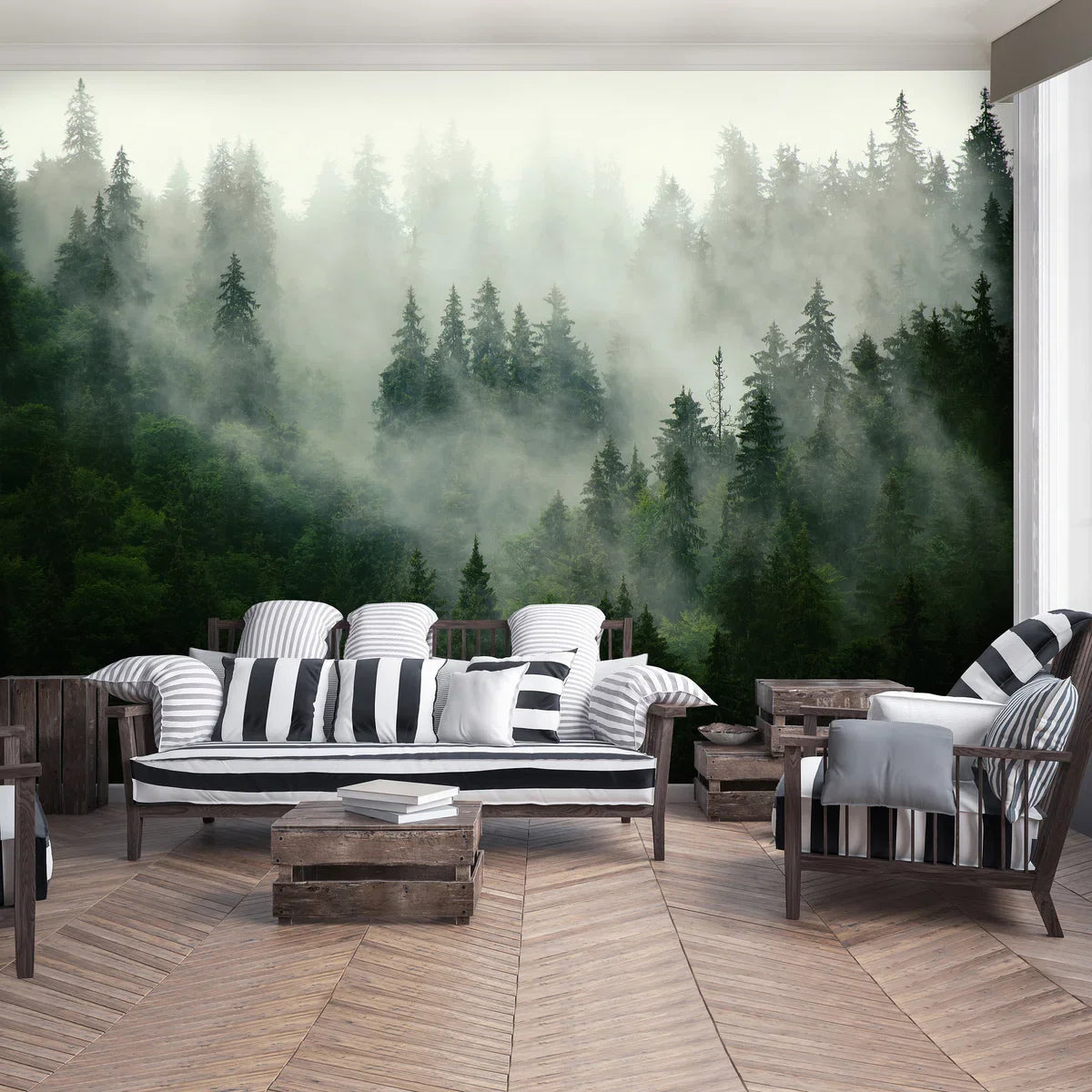 Fotobehang - Vliesbehang - Mistig Bos - Dennenbos in de Mist - 368 x 254 cm
