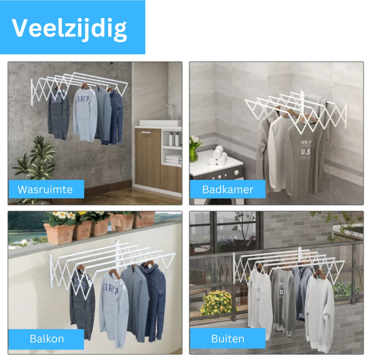 Wall-mounted drying rack - Foldable clothes rack - Drying rack - Extendable - White - 63.5 x 60 x 20 cm