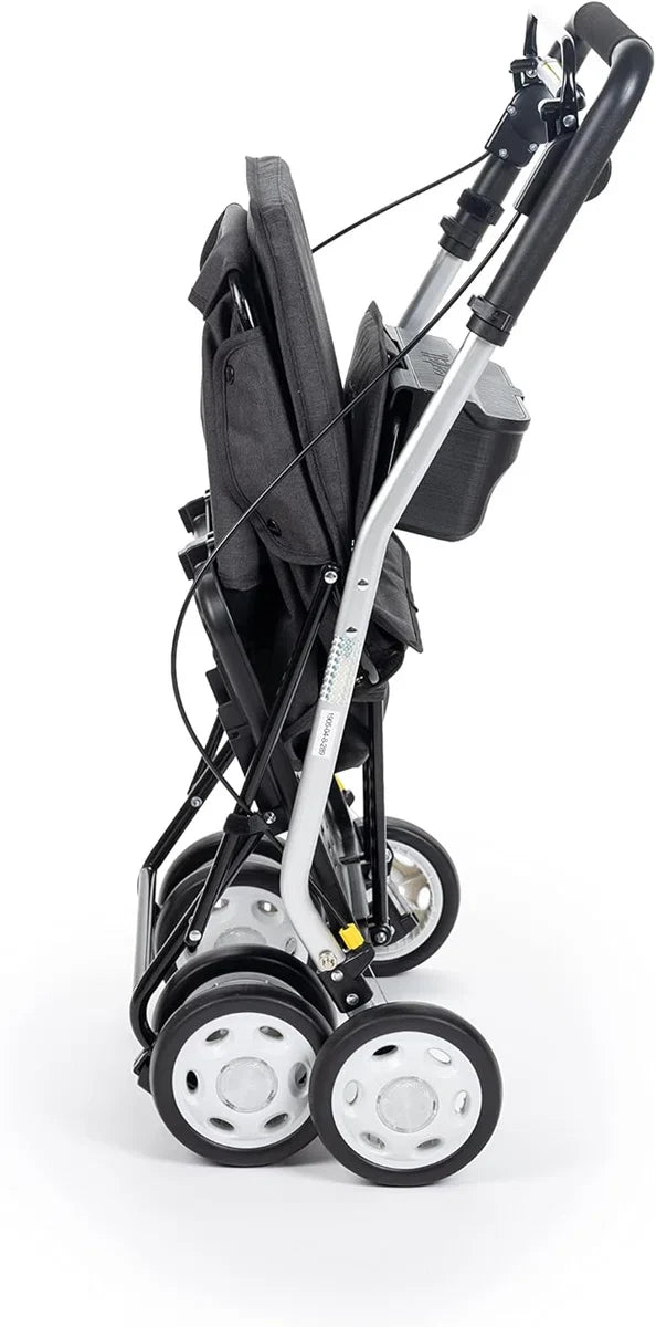 Shopping trolley-rollator with seat, foldable supermarket trolley with 4 wheels with detachable bag 29 l/15 kg and drawer for personal items, Lett800 Senior Comfort, black