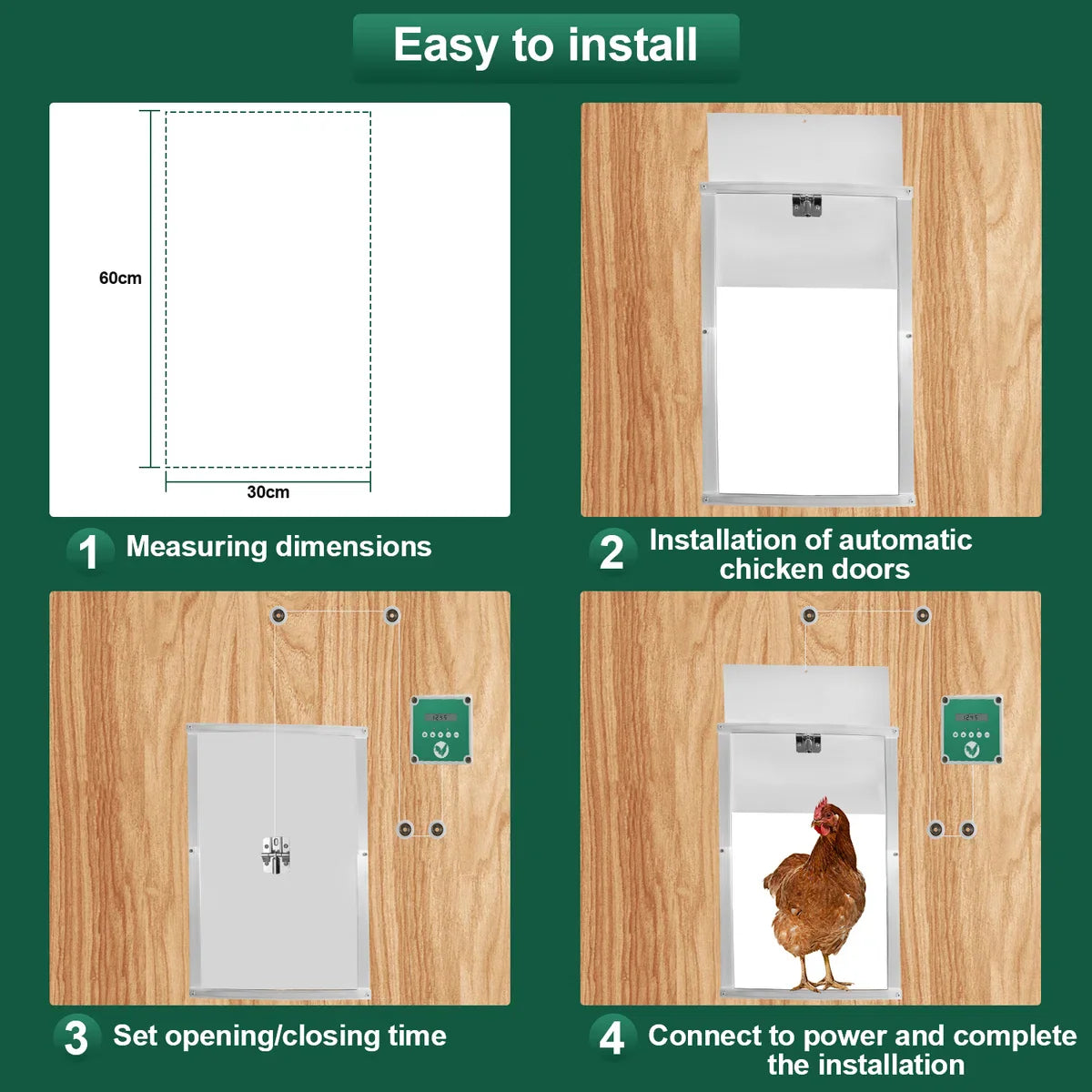 Chicken Door - Automatic Chicken Door - Chicken Coop Door with Controller - Chicken Door with Timer and Light Sensor - Aluminum/30x 30 cm