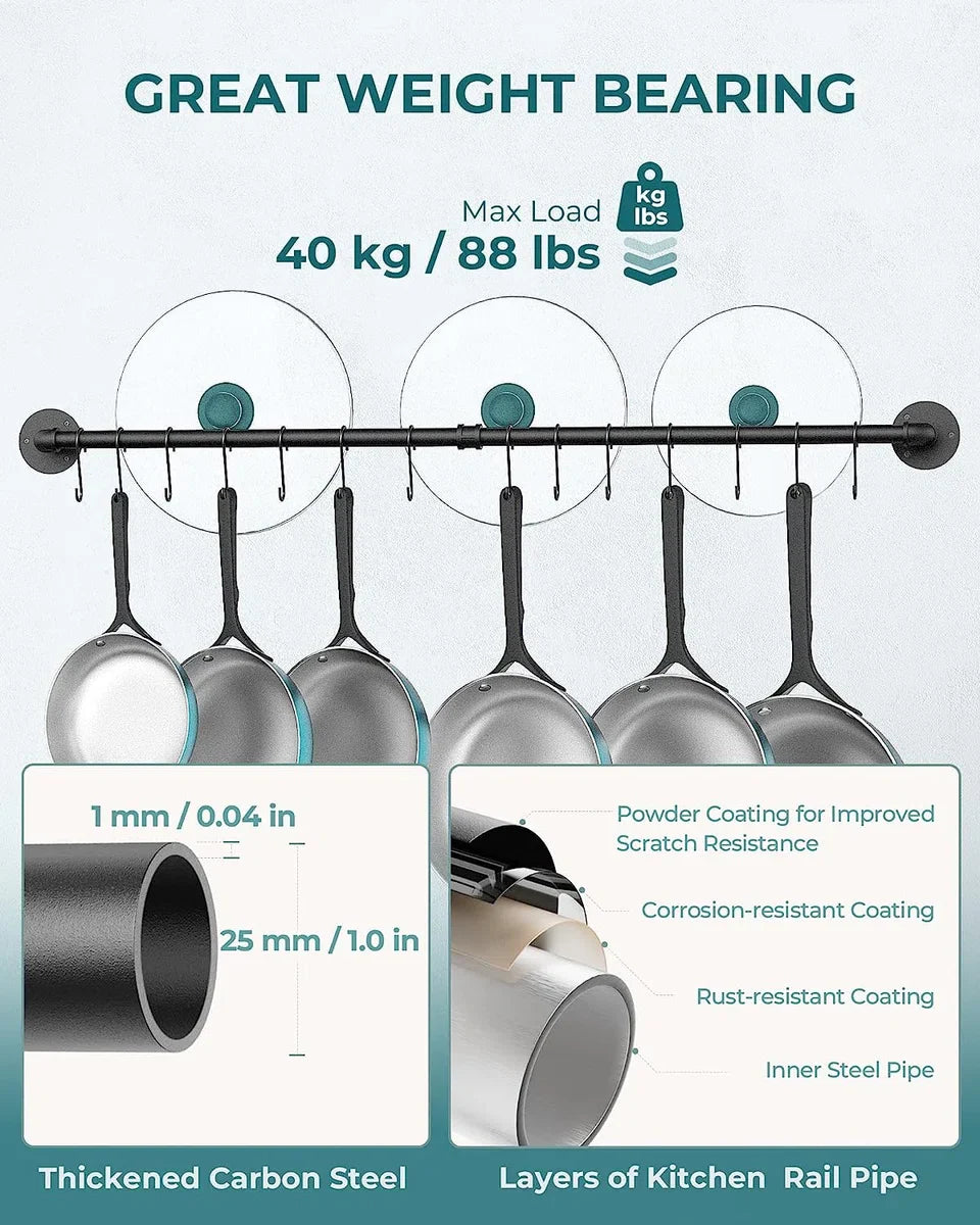 Pot rack, kitchen rack, pan holder, kitchen bar with hooks, 100 cm long