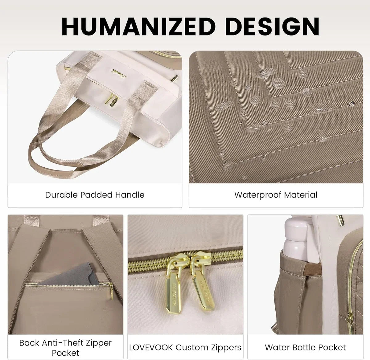 Laptoptas 15,6 inch - Beige/bruin - USB oplaadpoort - Laptop rugzak - 33 x 16 x 41 cm - Waterbestendig - Laptoprugtas 15,6 inch - Antidiefstalvak - Handtas met gouden details