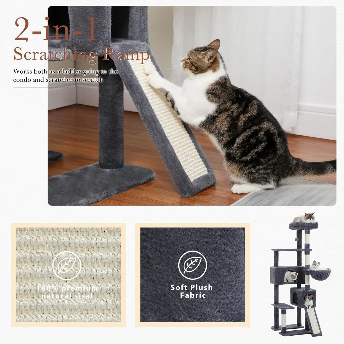 Way Cat Scratching Post, 154 cm Cat Tree with Two Condos, Spacious Perch, Cozy Basket, and Sisal-Covered Scratching Posts for Indoor Cats, Dark Grey.