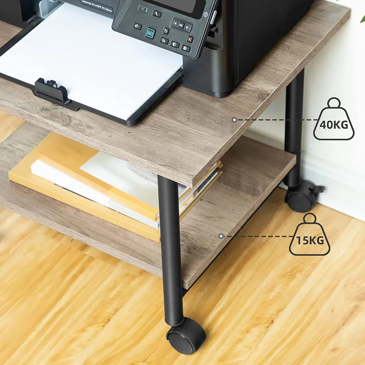 Printer Table on Lockable Wheels - Desk Organizer - Printer Cabinet or Printer Cart - Printer Stand - Office Cabinet - Industrial Printer Desk - 48.5 x 40 x 36.5 cm - Grey and Black