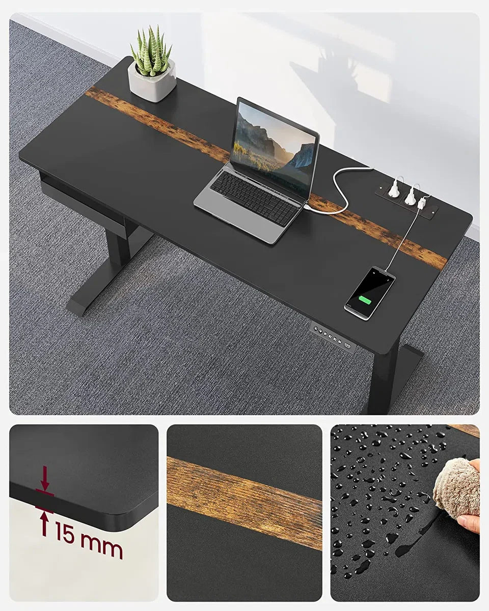 Height-Adjustable Desk - Electric Desk - With Power Outlets - Steplessly Adjustable - 60 x 140 cm - Black
