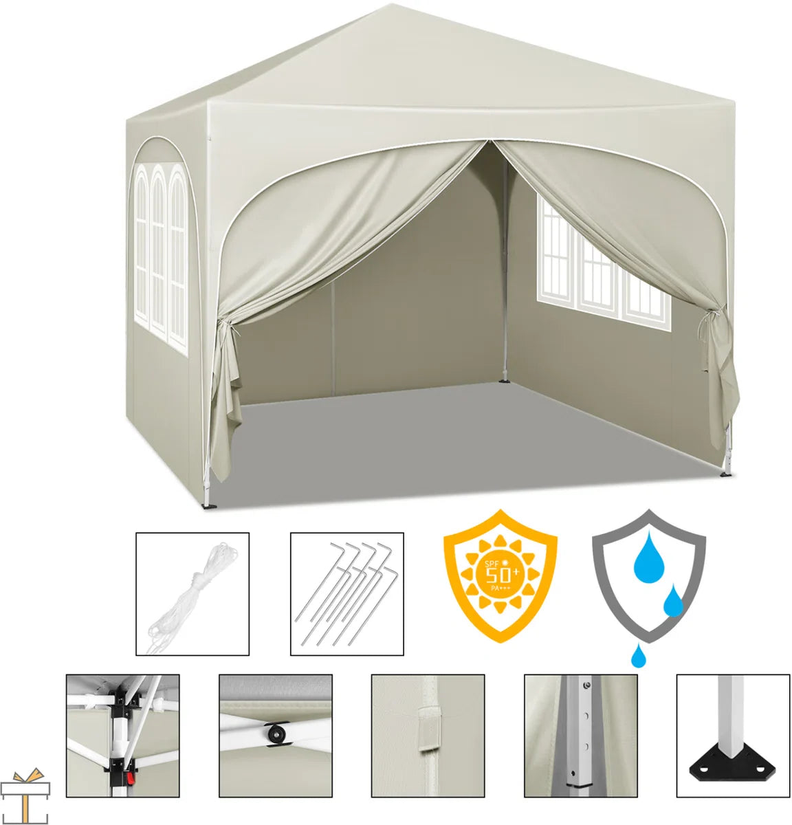 Happyment Luxe Partytent met zijwanden - Beige - Opvouwbaar - Easy up - Paviljoen - Waterdicht weerbestendig - 3x3 m