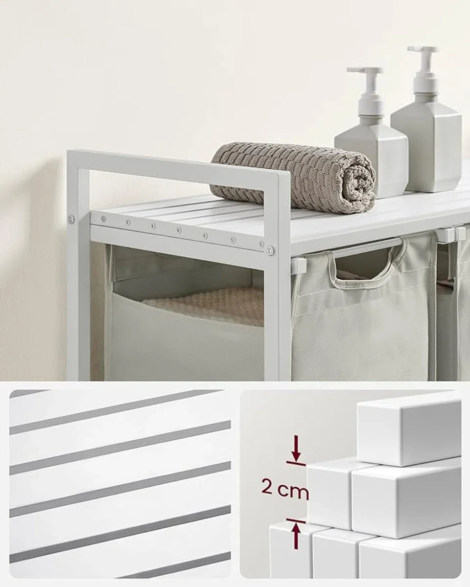 Wasmand 3 vakken – wassorteerder - uitschuifbaar met plank - 92.5 x 33 x 71 cm – wasmand - 168 L verdeeld over 3 zakken – wasmanden – wasmand wit metaal - wit hout