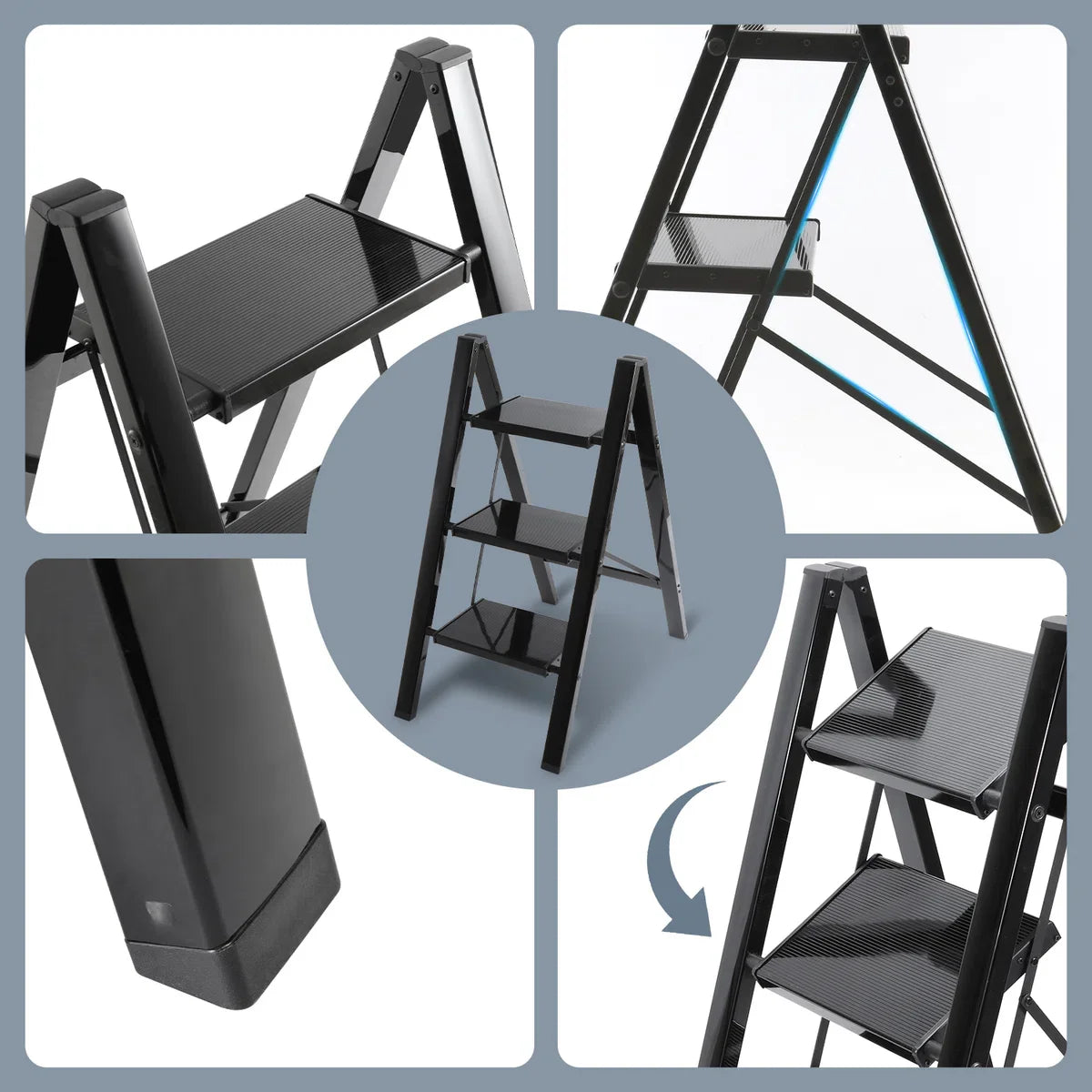 Trapladder Opvouwbare ladder 4 Treden Keukentrap Inklapbaar - Antislip - Trap Ladder Alu Zwart