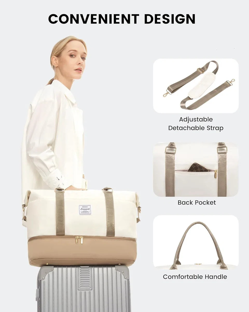 Women's Travel Bag 2 Piece - Beige/Brown - Large Weekend Bag with Toiletry Bag - Carry-on Bag, Sports Bag, Shoulder Bag - 46 x 22 x 41 cm - Handbag with Shoulder Strap - Gold Details - Water Resistant - Shoe Compartment - 2-Piece Travel Set