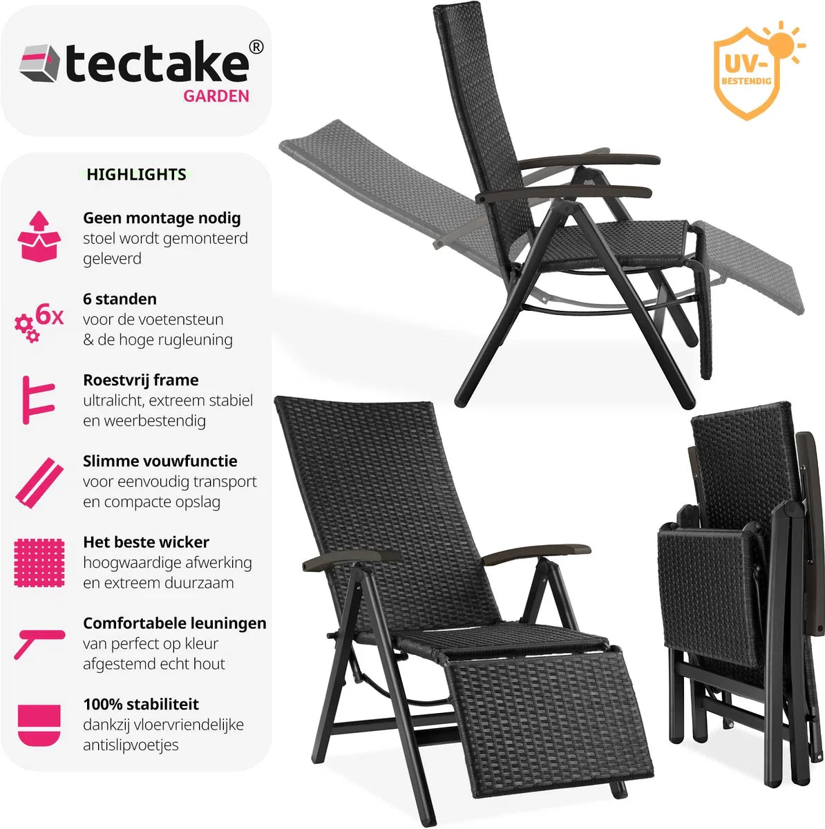 Wicker tuinstoel, inklapbaar, met aluminium frame en voetensteun - zwart