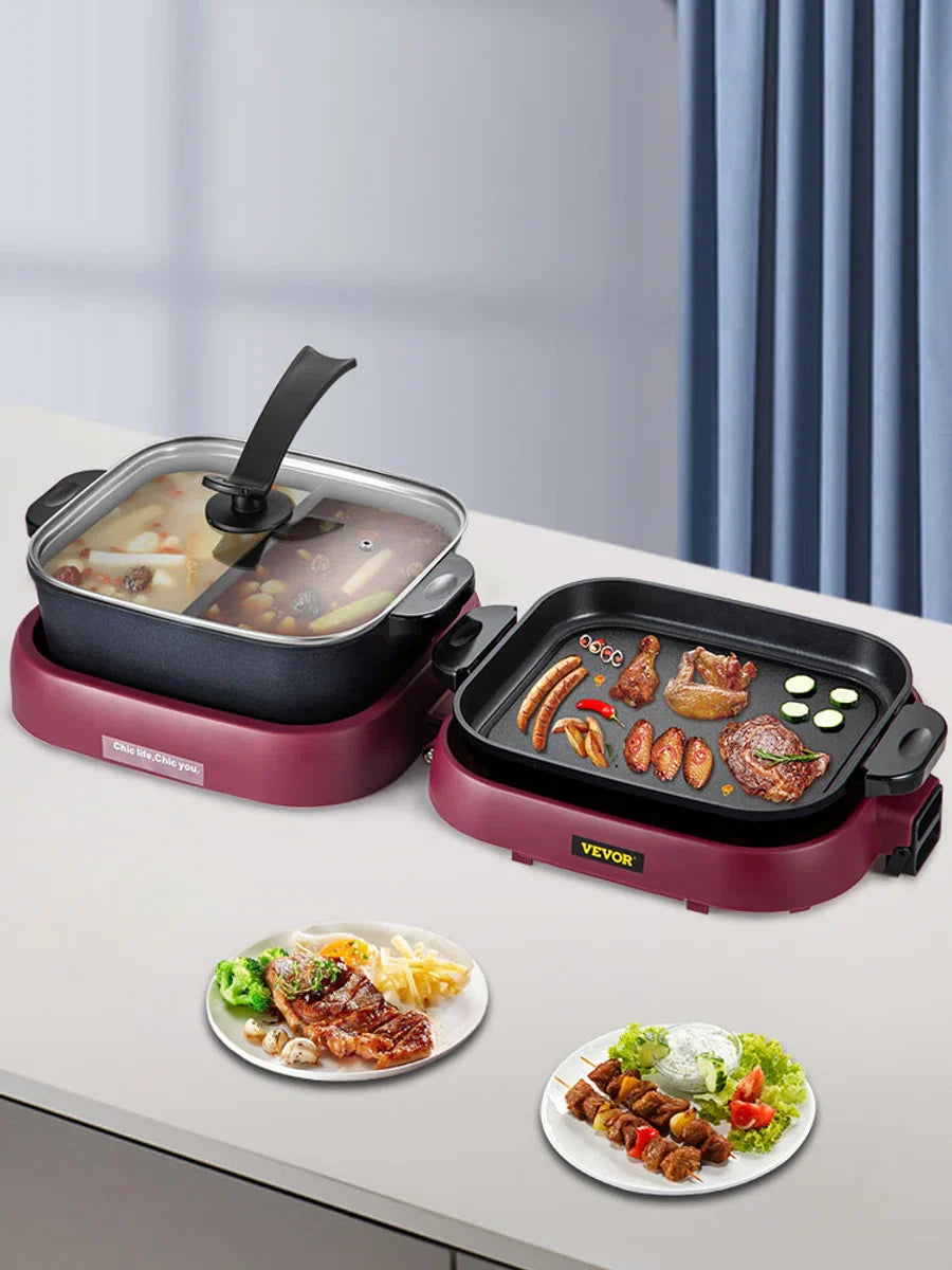 2-in-1 BBQ Grill Hete Pot 2100W Multifunctionele Elektrische Grill Hotpot 70x29x25,5 cm Grill Binnen Hotpot van Gegoten Aluminium en Gehard