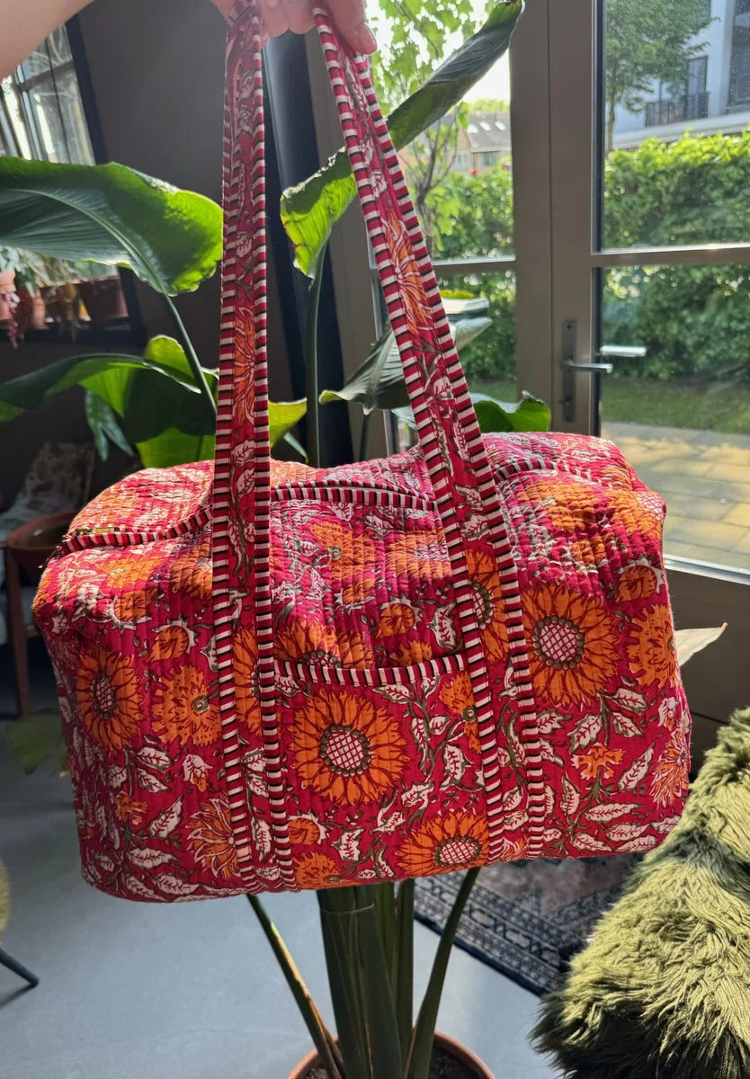 Weekendtas - Schoudertas - India - Luiertas - Groot - Dufflebag - Rood Oranje bloemen