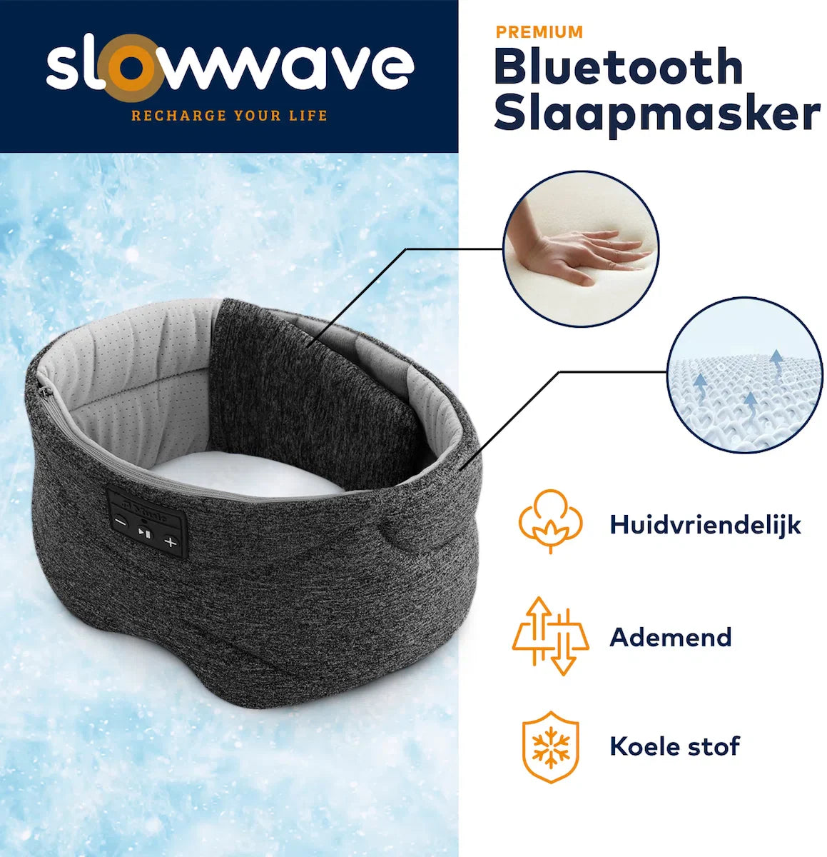 Bluetooth slaapmasker (premium) - Beste keuze - 100% verduisterend - Ultraplatte 'spons speakers' (perfect voor zijslapers) - Koel en ademend materiaal - Volledig verstelbaar - Excellente geluidskwaliteit - Batterij: 13 uur - Antraciet (limited)