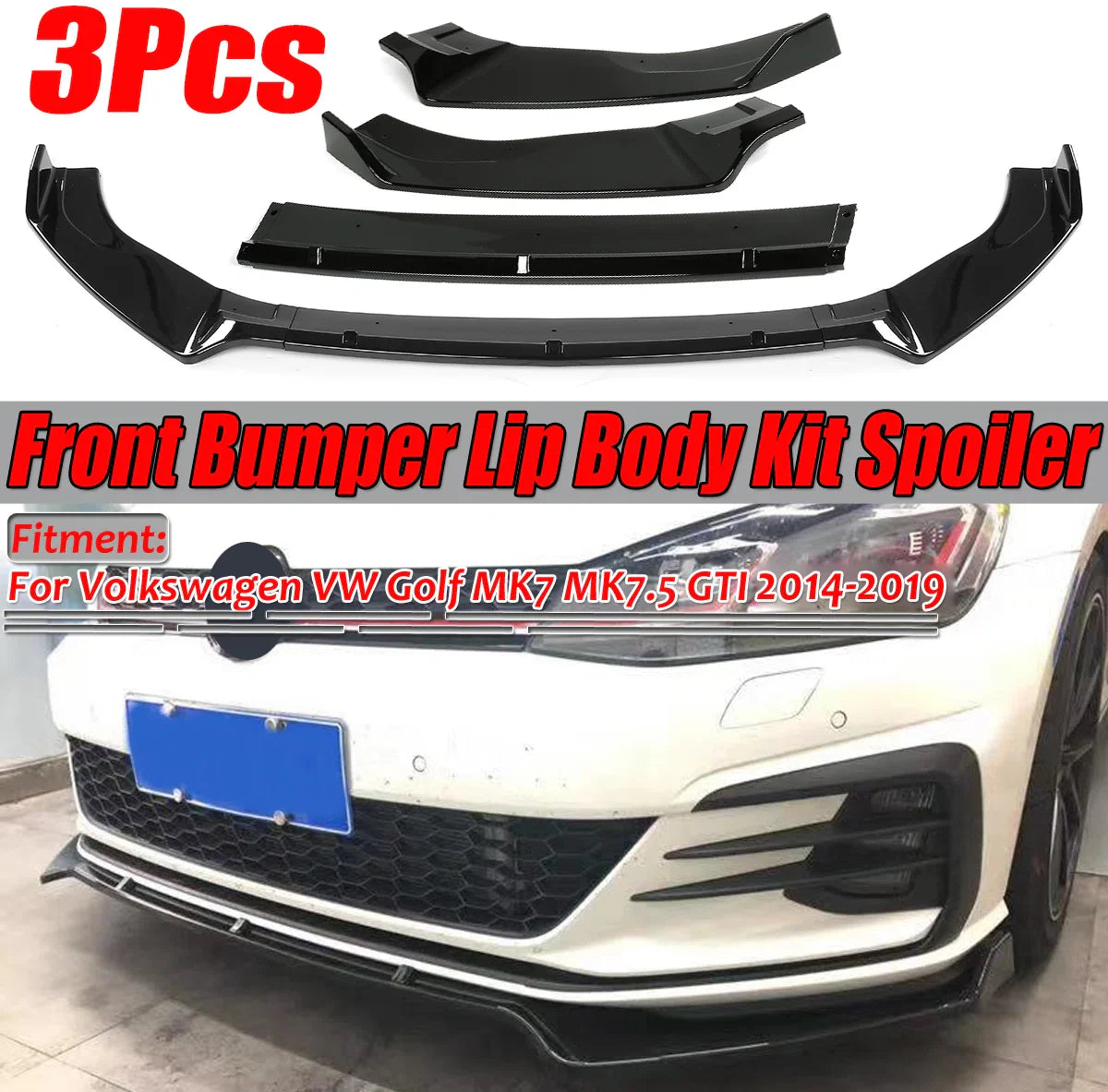 Front Lip Splitter Spoiler - voor Volkswagen VW Golf MK7 MK7.5 GTI 2014-2019 - Glanzend Zwart