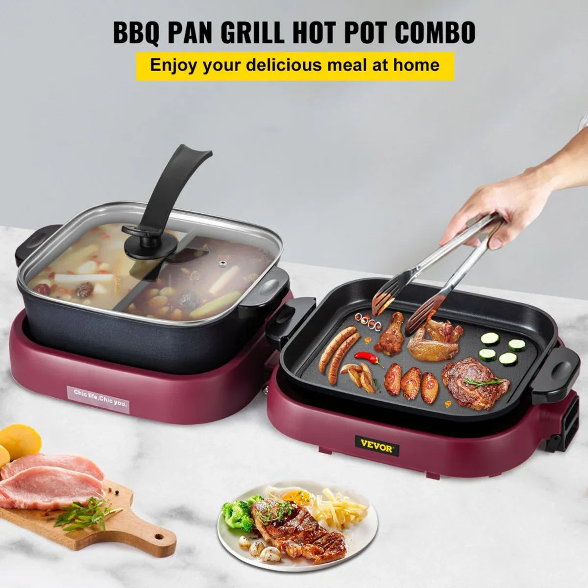 2-in-1 BBQ Grill Hete Pot 2100W Multifunctionele Elektrische Grill Hotpot 70x29x25,5 cm Grill Binnen Hotpot van Gegoten Aluminium en Gehard