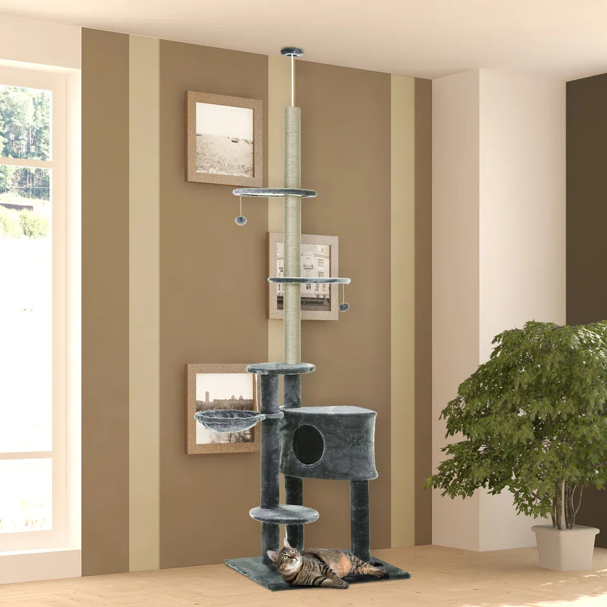 In hoogte verstelbare krabpaal - Kattenkrabpaal - Krabpaal voor katten - Kattenspeeltjes - Katten - Grijs - L55 x B45 x H240-260 cm