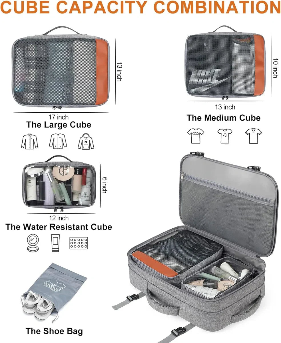 Carry-on Rugzak, Extra Grote 40L Vlucht Goedgekeurde Reisrugzak voor Mannen Vrouwen Uitbreidbare Grote Koffer Rugzak met 4 Verpakkingskubussen, Waterbestendige Bagage, Grijs (rugzak met 3)