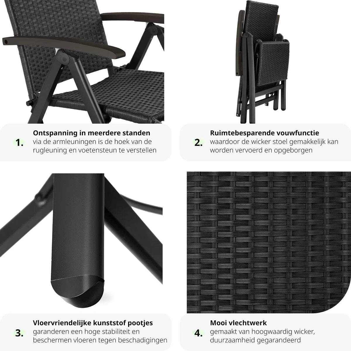 Wicker tuinstoel, inklapbaar, met aluminium frame en voetensteun - zwart