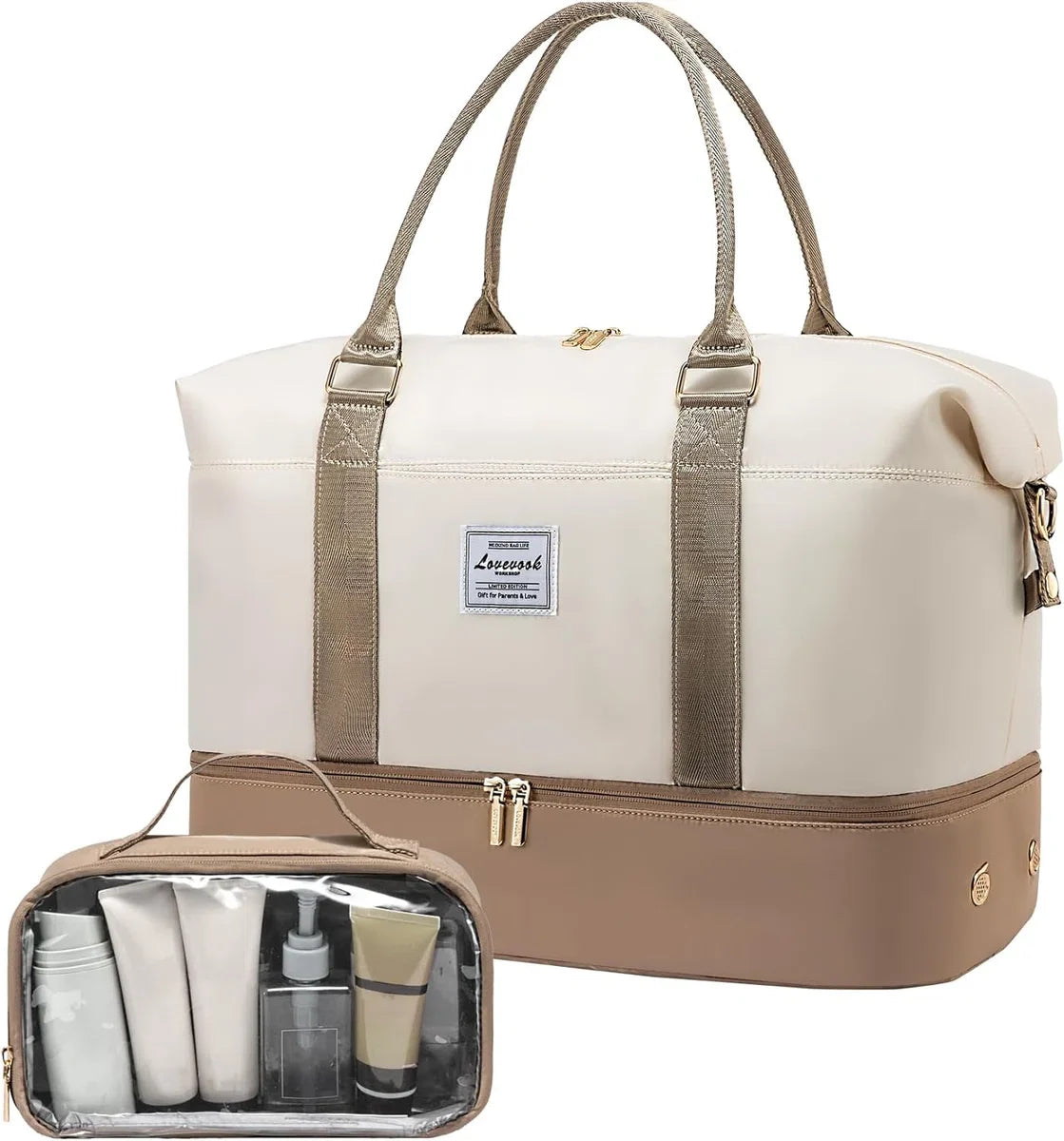 Women's Travel Bag 2 Piece - Beige/Brown - Large Weekend Bag with Toiletry Bag - Carry-on Bag, Sports Bag, Shoulder Bag - 46 x 22 x 41 cm - Handbag with Shoulder Strap - Gold Details - Water Resistant - Shoe Compartment - 2-Piece Travel Set