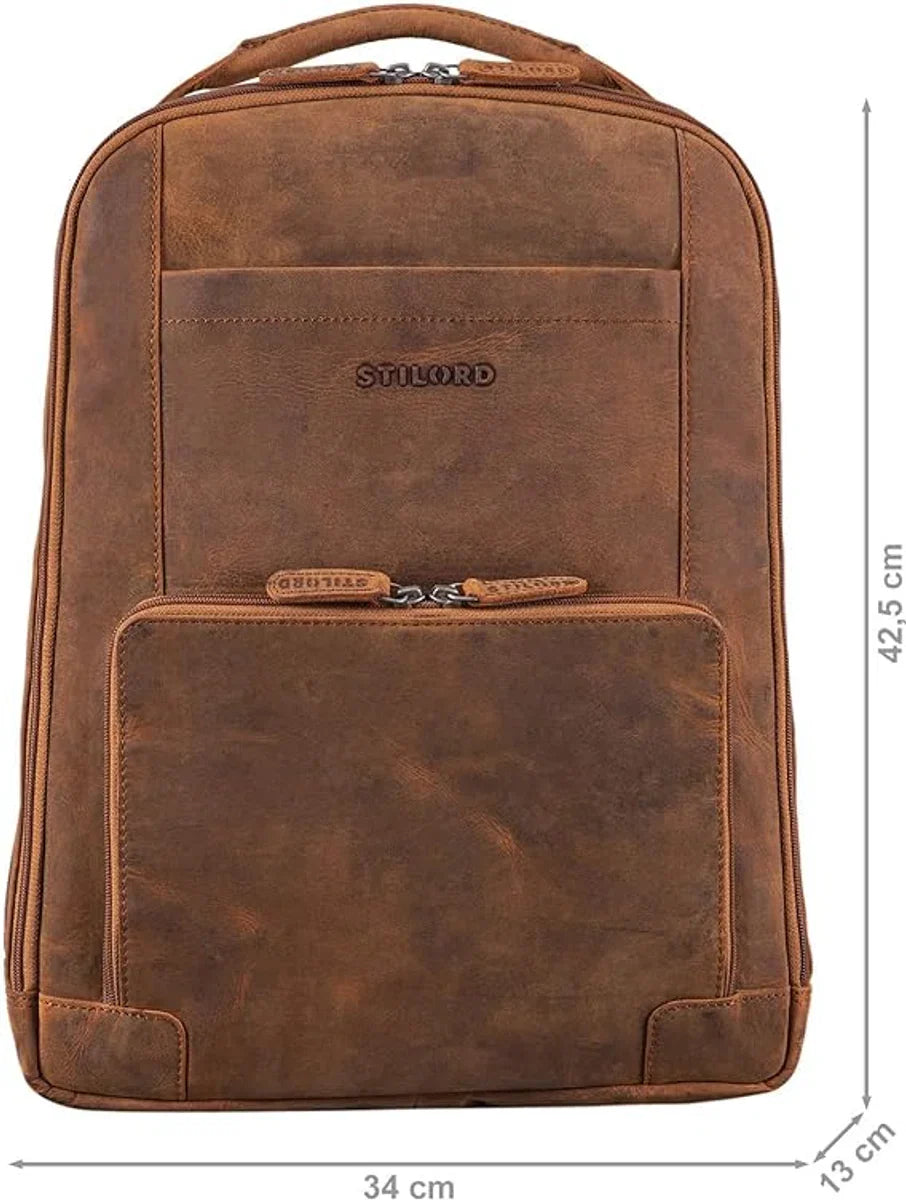 Leather Backpack Men XL Business Backpack Laptop Rucksack Large Work Backpack with Many Compartments and Trolley System Vintage Genuine Leather