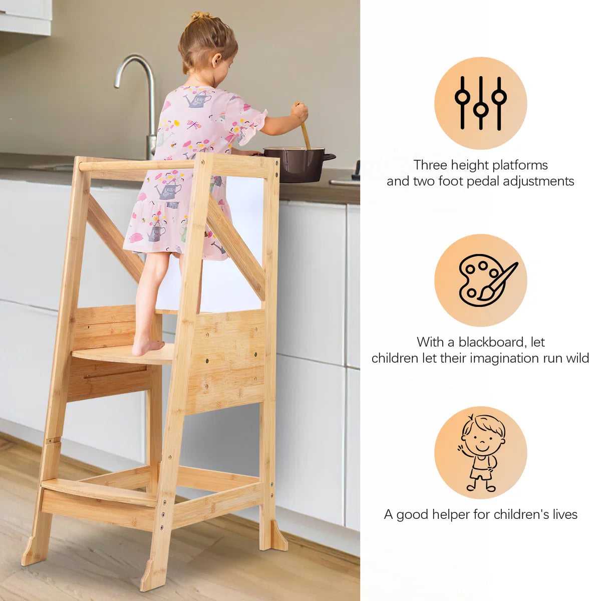 Leertoren Montessori - Learning Tower - Opstapje - keukentoren - keukenhulp - Natuurlijke leertoren Montessori - Antislip - Kindertrap - Leertoren peuters - Leertoren - Stabiel