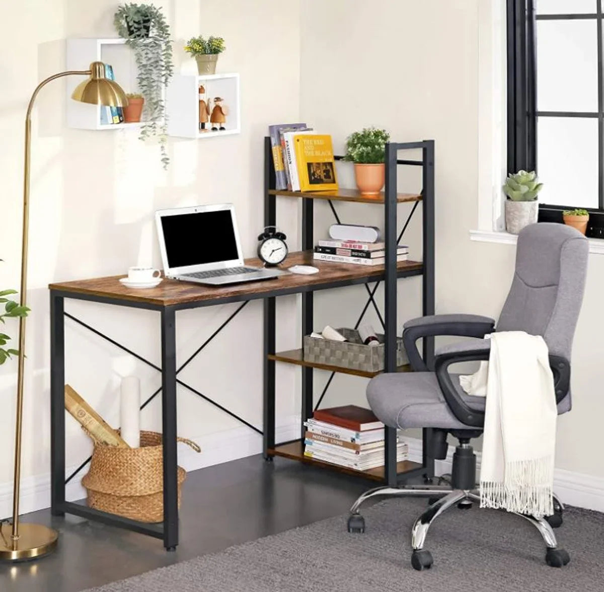 Mazazu - Desk - Computer Desk with Shelves - Home Office - Industrial - Vintage - Brown/Black - 60x120x76/120