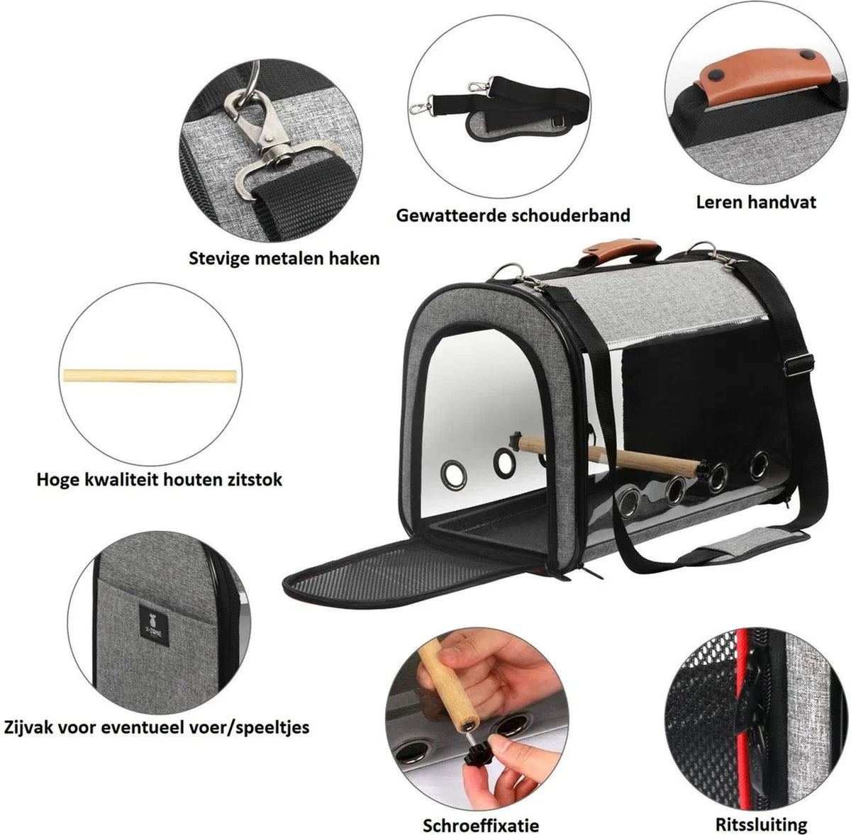 Bird carrier bag - Animals - Polyester - Carrier bag - Pet - Perch - Shoulder strap - Foldable - Zipper - Ventilation