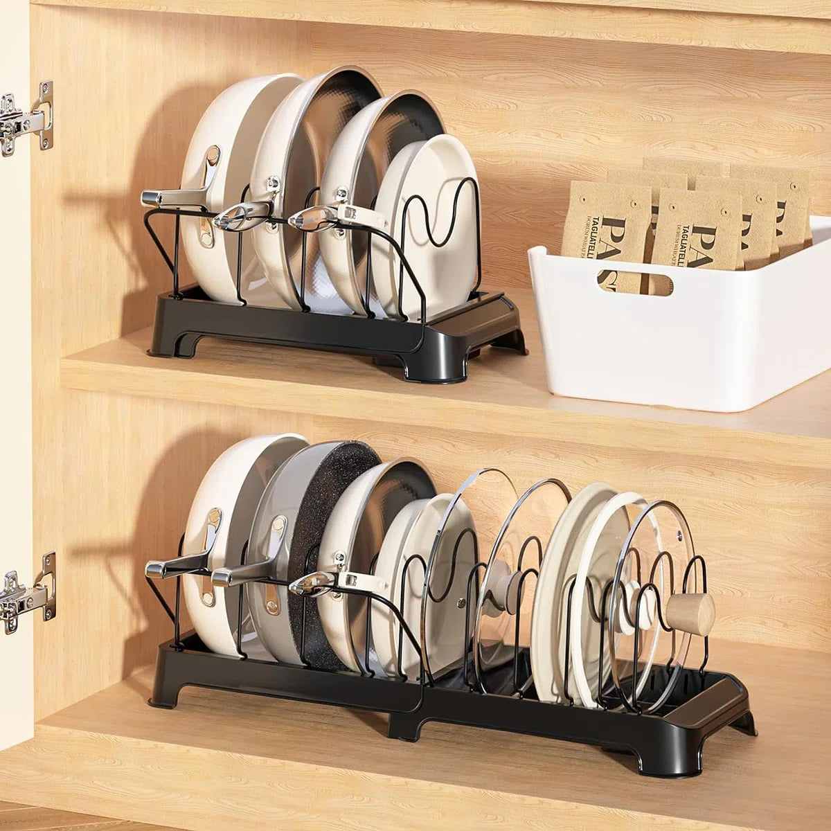 Expandable Cutting Board Racks Pot Lids Holders Pans Organizers Racks Bakeware Dishes Plates Storage Stand 12 Adjustable Compartments Kitchen Countertop Pantry Cabinet Under Sink, Black