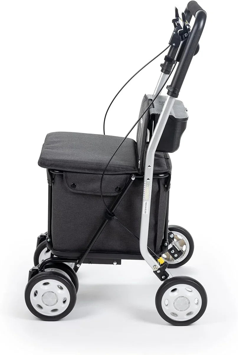 Shopping trolley-rollator with seat, foldable supermarket trolley with 4 wheels with detachable bag 29 l/15 kg and drawer for personal items, Lett800 Senior Comfort, black