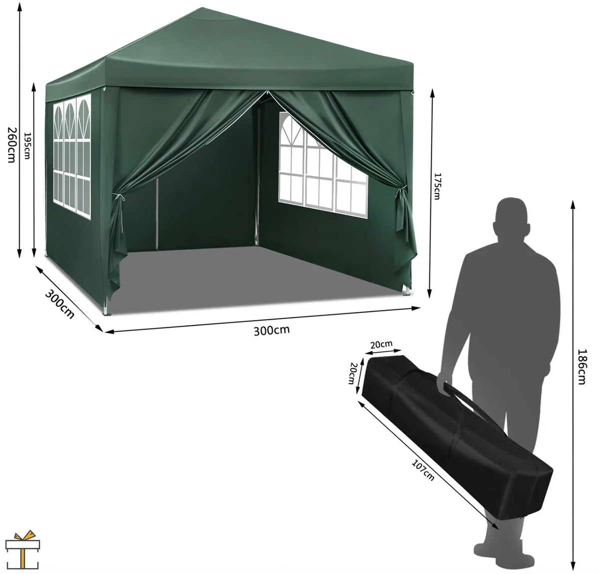 Happyment Partytent met zijwanden - Groen - Opvouwbaar - Easy up - Paviljoen - Waterdicht weerbestendig - 3x3 m