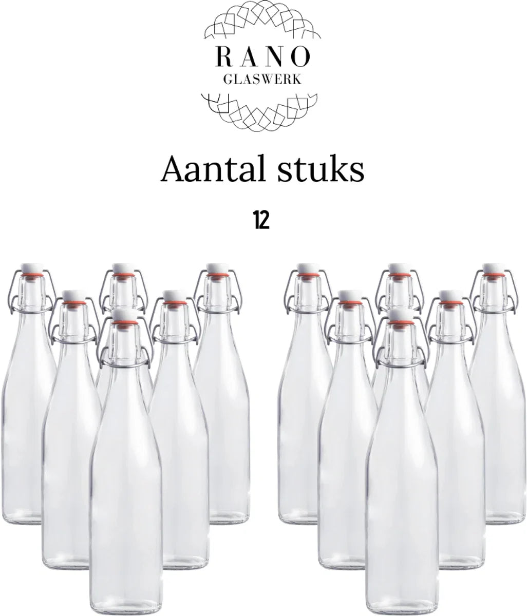 RANO - 12x beugelfles 500ml - Luchtdicht - fles met beugelsluiting / beugelflessen / weckfles / inmaakfles / sapfles / glazen flesjes met dop / decoratie