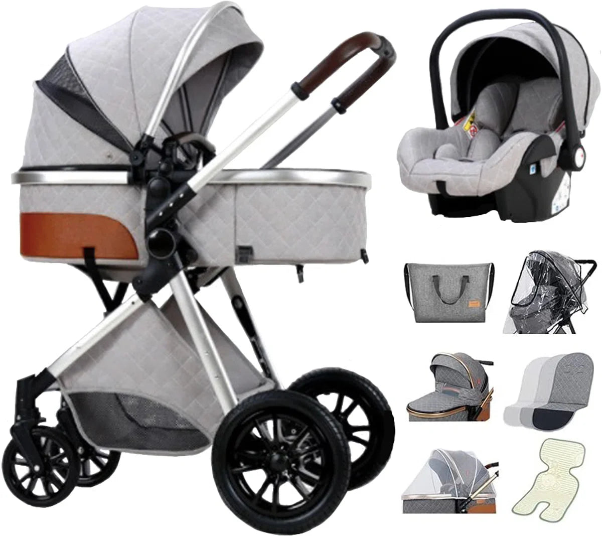 Luxe 3-in-1 Multifunctionele Combi Kinderwagen – Hoogwaardige Buggy – Inklapbare Wandelwagen – Lichtgrijs – Incl. Autostoel