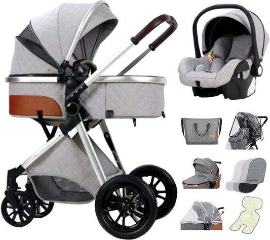 Luxe 3-in-1 Multifunctionele Combi Kinderwagen – Hoogwaardige Buggy – Inklapbare Wandelwagen – Lichtgrijs – Incl. Autostoel