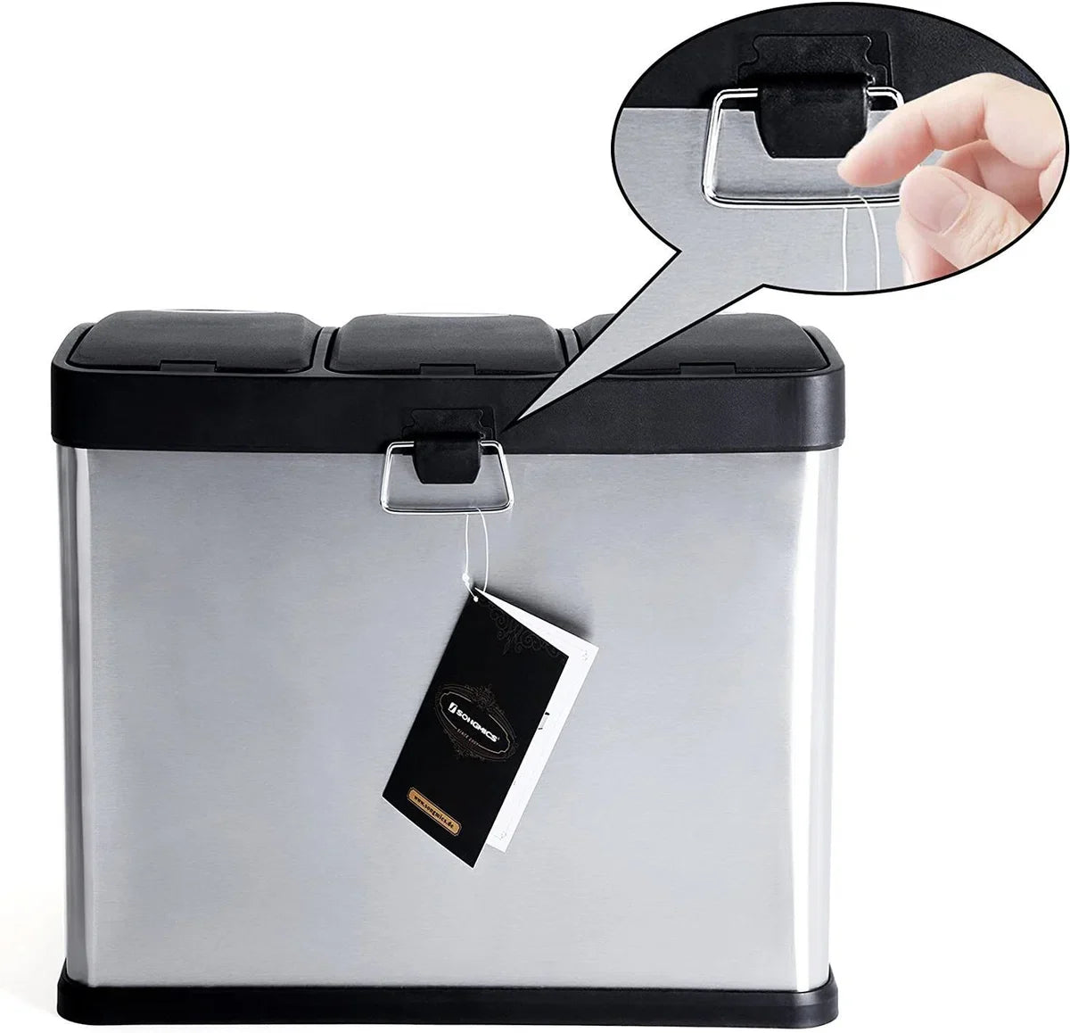 Kitchen waste bin, 3-in-1 waste bin, 24 litre, waste separation, metal pedal bin, waste separation system, robust, easy to clean, steel, silver