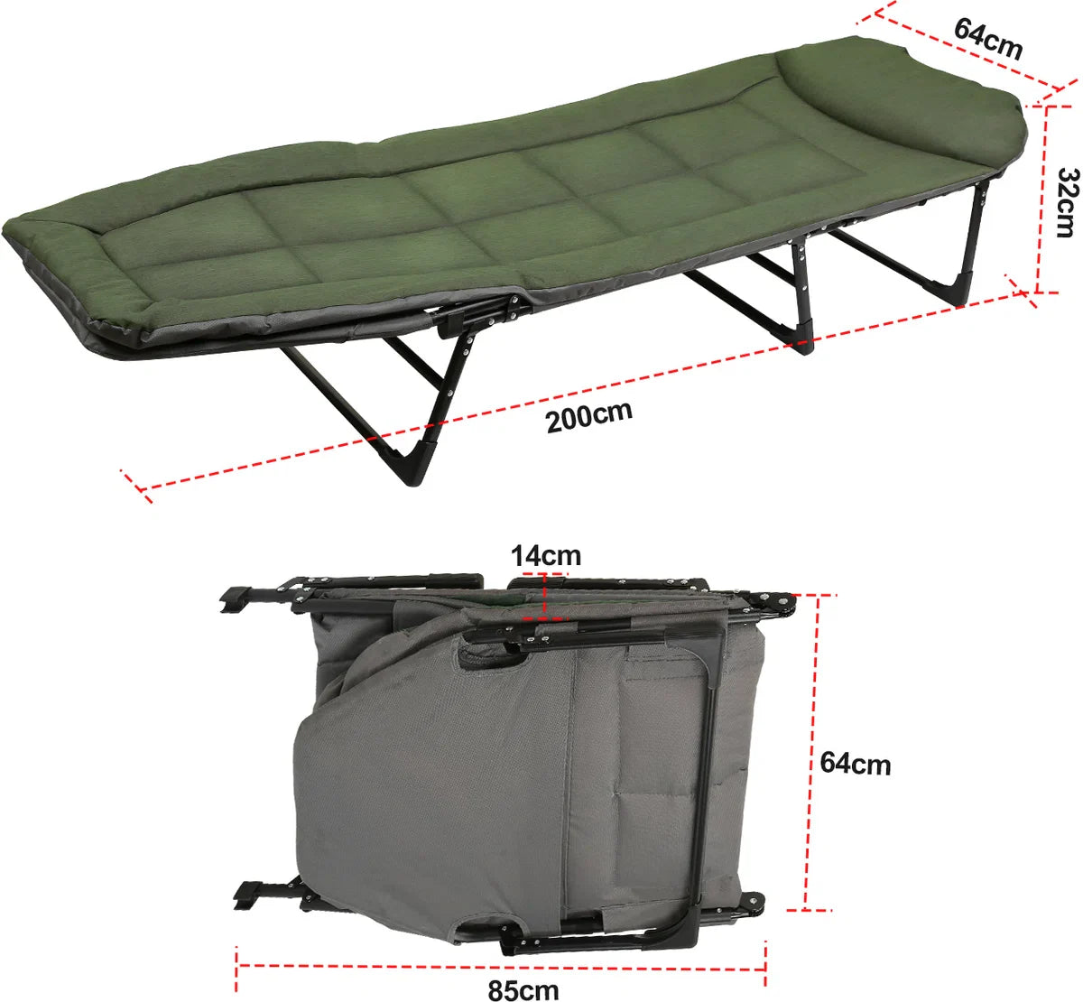 Kampeerbed - Opvouwbaar - Ligbed - Veldbed - Campingbed - Verstelbaar - Karper stretcher - Bedchair - 195 x 65 x 32 cm - Groen