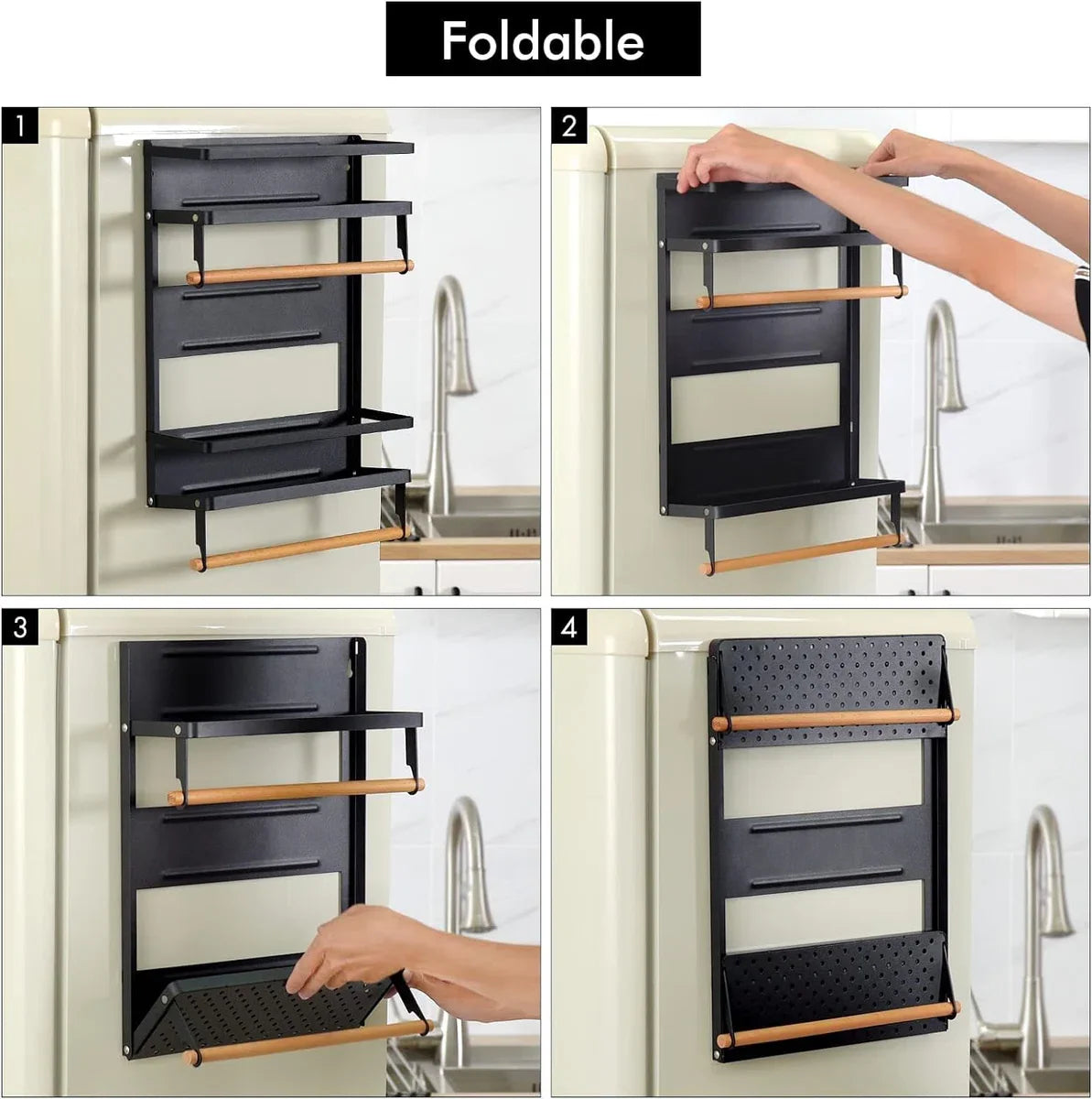 Magnetic Spice Rack Kitchen Shelf Hanging Spice Holder No Drilling Refrigerator Shelf Kitchen Spice Racks with Paper Towel Holder 2 Tiers Matte Black