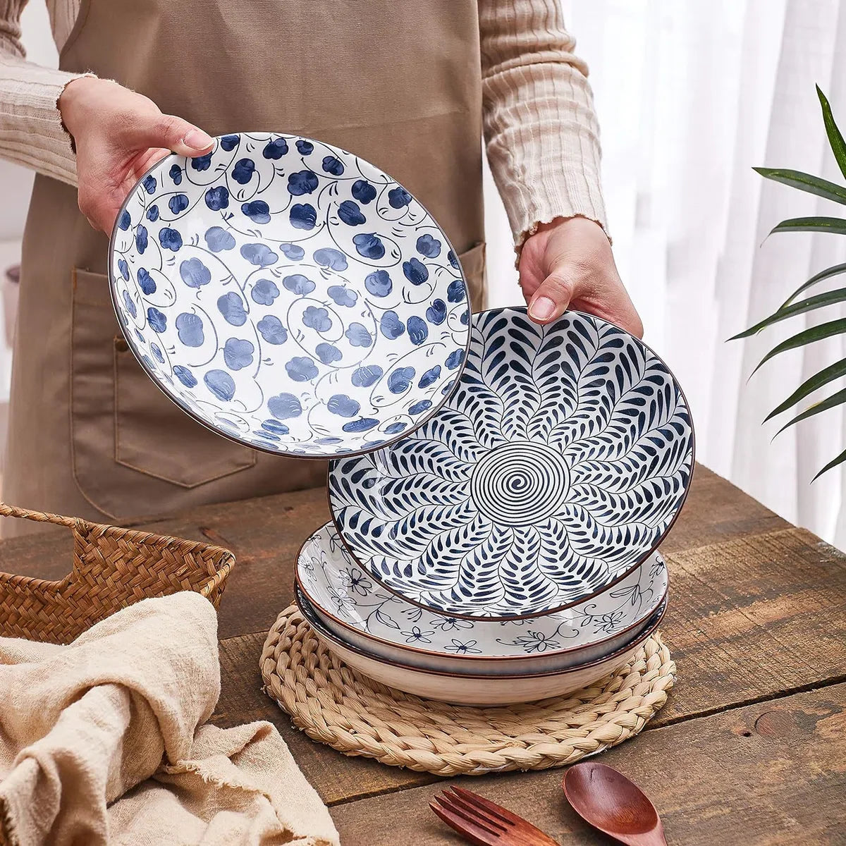 Keramische pastabordenset van 4, blauw en wit porselein 20 cm saladeschalen, diner platte borden, serveerschaal voor hapjes, salade, dessert en snacks (20 cm)