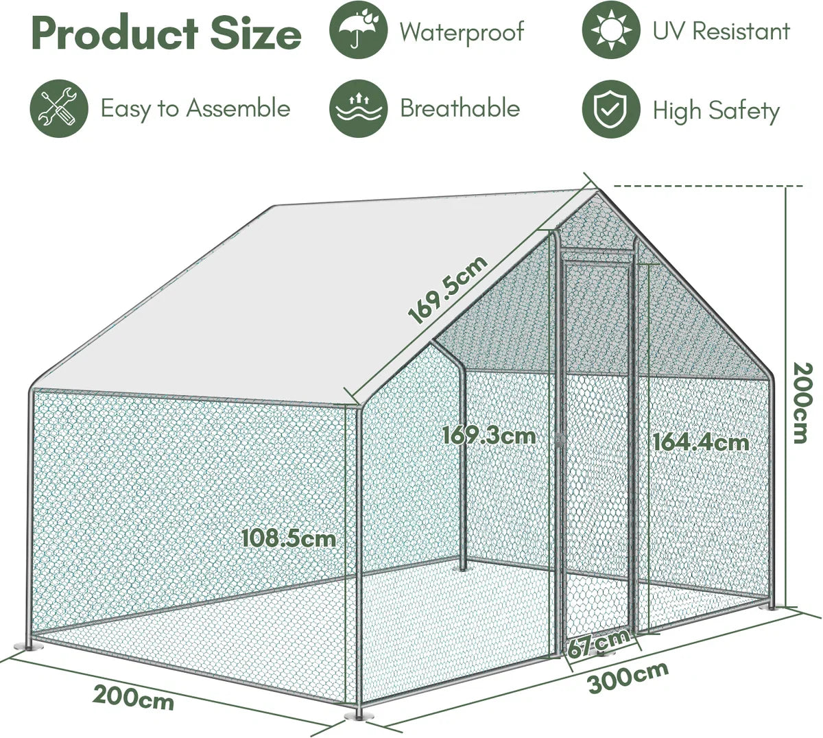 3x2x2m chicken run - outdoor chicken coop - wire run - pitched roof
