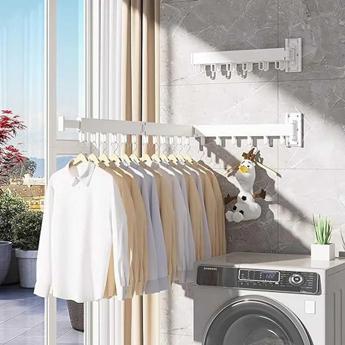 wall mounted drying rack, laundry drying rack, space-saving retractable clothes hanger rack, foldable clothes rack for balcony, laundry room, bathroom, patio (white)