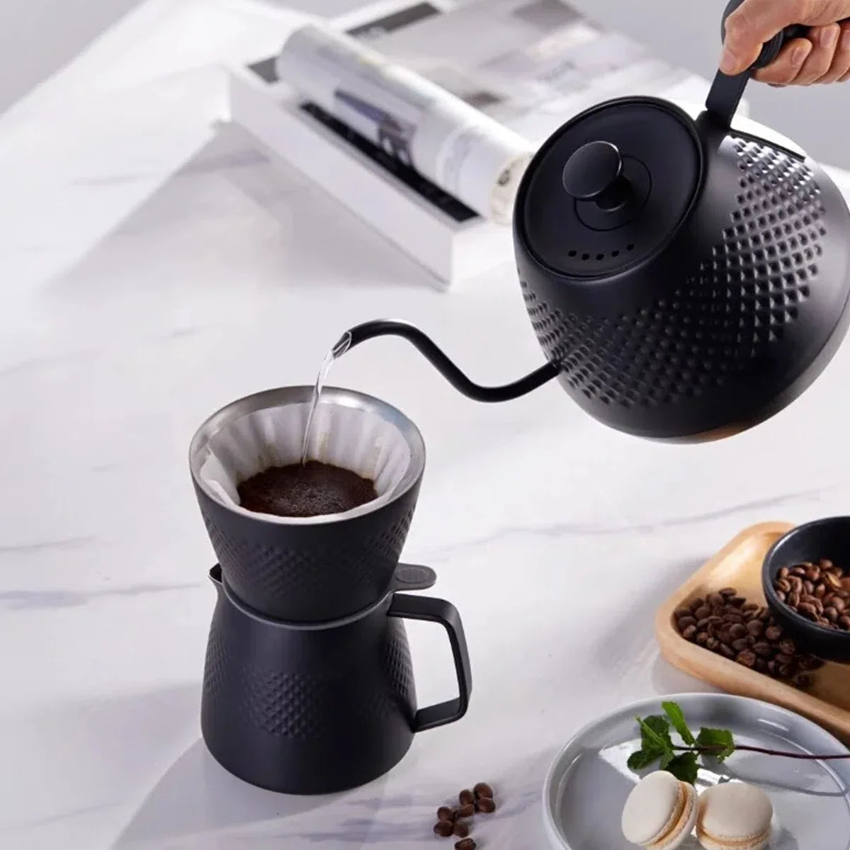 Koffie Dripper & Server Set Dubbelwandig RVS V60 Filterkoffie - Pour Over - Barista - zwart - Hario Style - brewgear.store