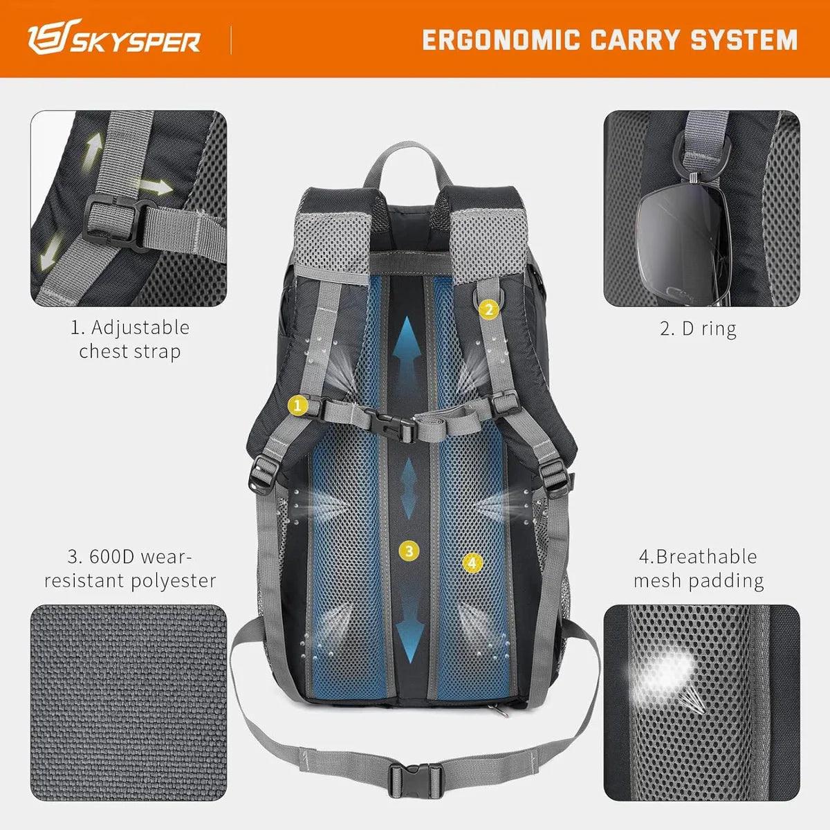 Wandelrugzak voor heren, 30 liter, trekkingrugzak, waterdicht, reisrugzak, multifunctionele campingrugzak, dagrugzak, opvouwbaar, lichtgewicht, outdoor dagrugzak, 30l